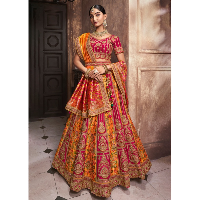 Mustard & Pink Banarasi Silk Bridal Designer Lehenga Choli