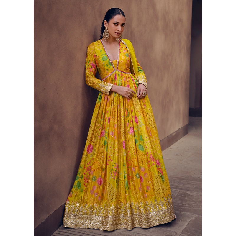 Mustard Yellow Digital Printed Designer Anarkali Gown