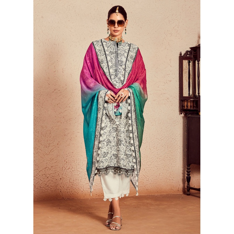 Off White Muslin Cotton Digital Print & Embroidered Salwar Suit