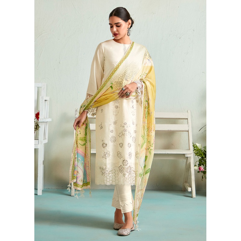Off White Pure Muslin Resham Embroidered Salwar Suit
