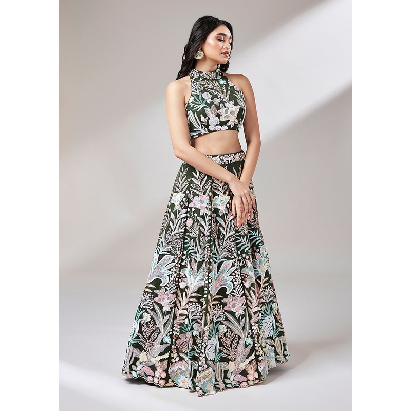 Olive Green Sequinned Embroidered Bridesmaid Lehenga Choli