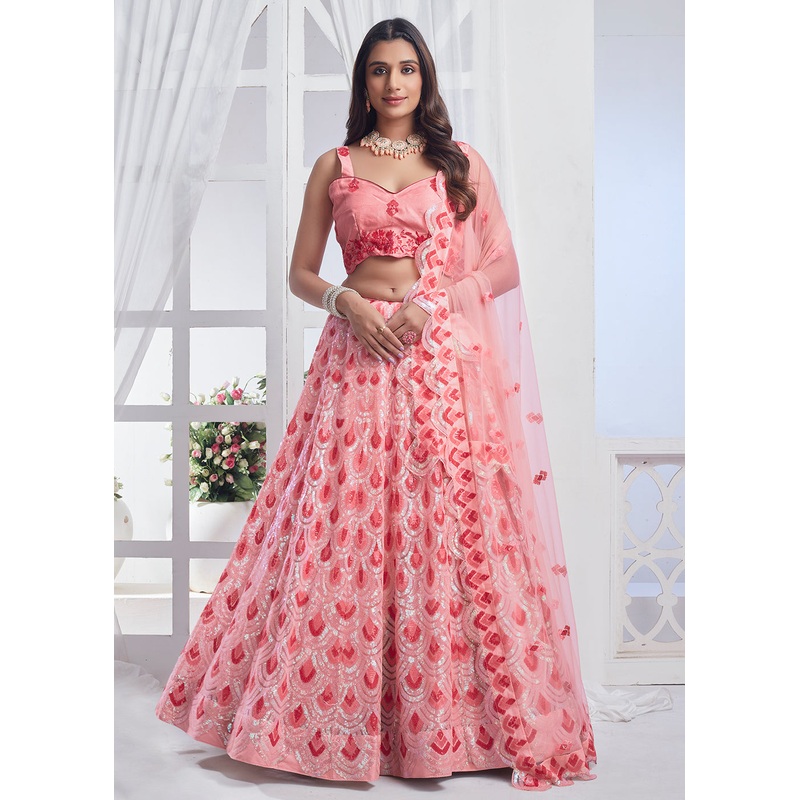 Peach Designer Style Embroidered Wedding Lehenga Choli