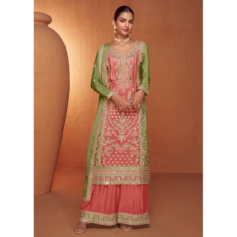 Peach & Green Embroidered Wedding Sharara Suit