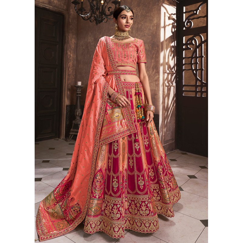 Peach & Pink Banarasi Silk Bridal Designer Lehenga Choli