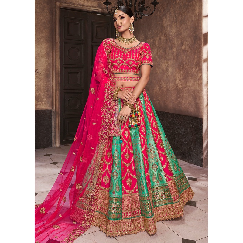 Pink & Aqua Banarasi Silk Bridal Designer Lehenga Choli