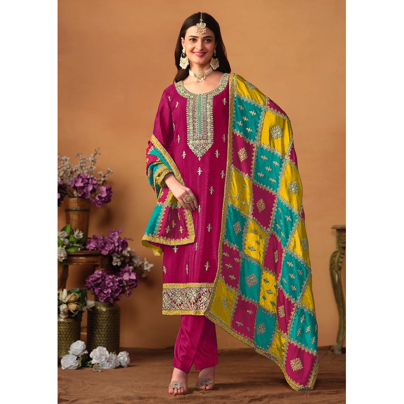 Pink Chinnon Silk Salwar Suit with Multicolor Dupatta