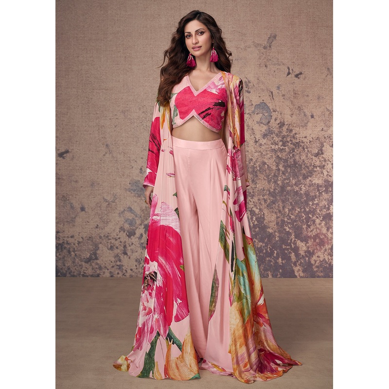 Pink Crepe Silk Jacket Style Indo Western Dress