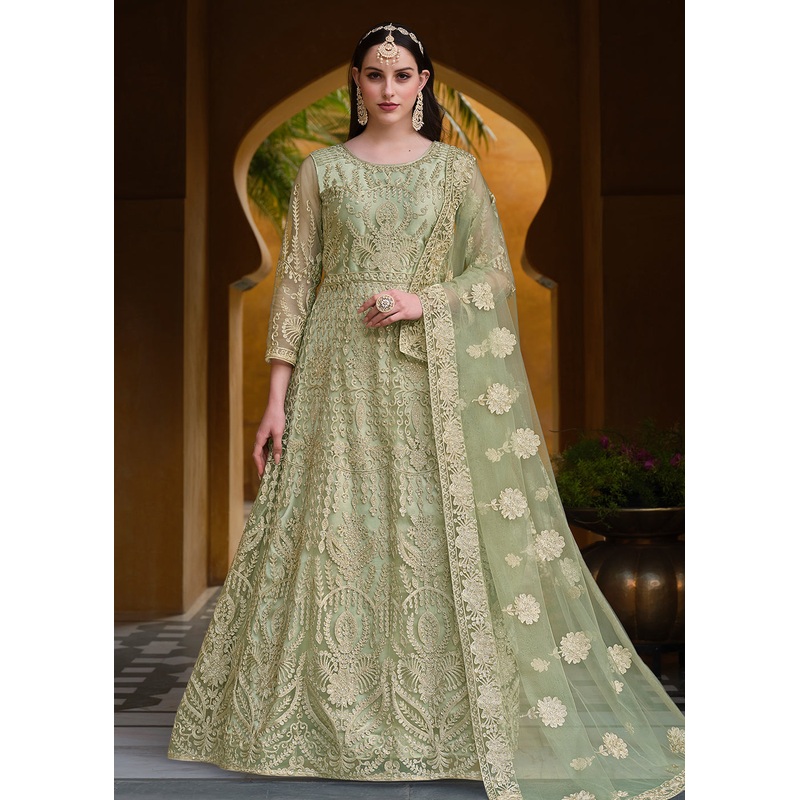 Pista Green Pure Butterfly Net Wedding Wear Anarkali Suit
