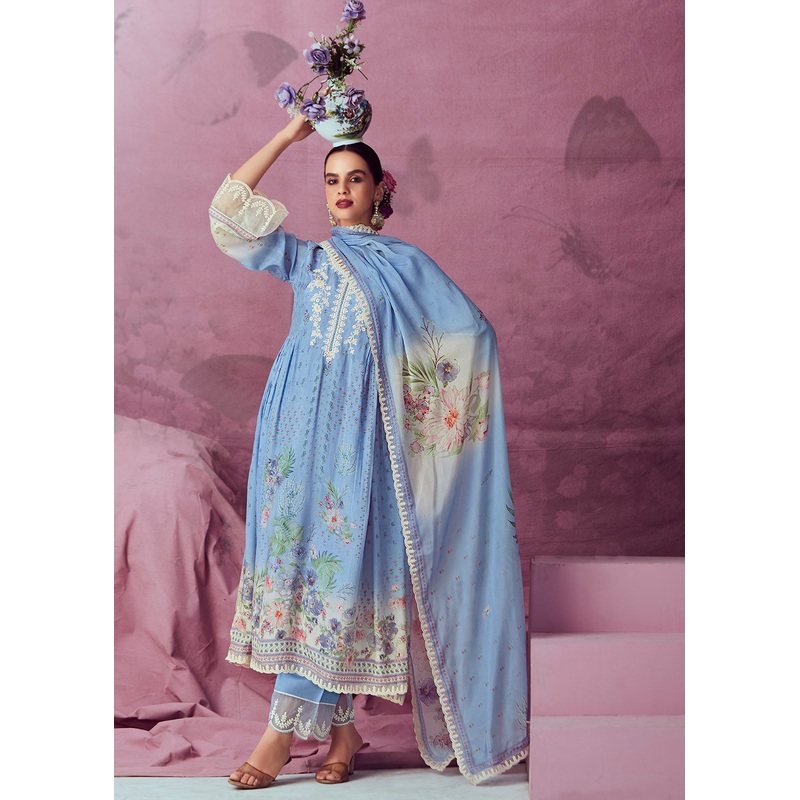 Pretty Blue Muslin Cotton Printed Trendy Salwar Kurta Set