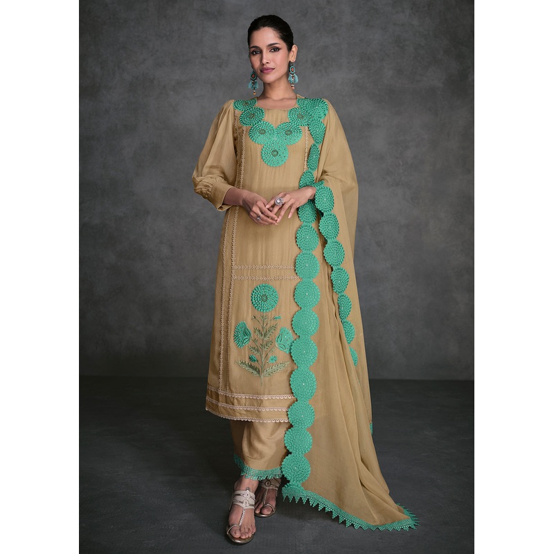 Pure Organza Beige Designer Pant Style Suit