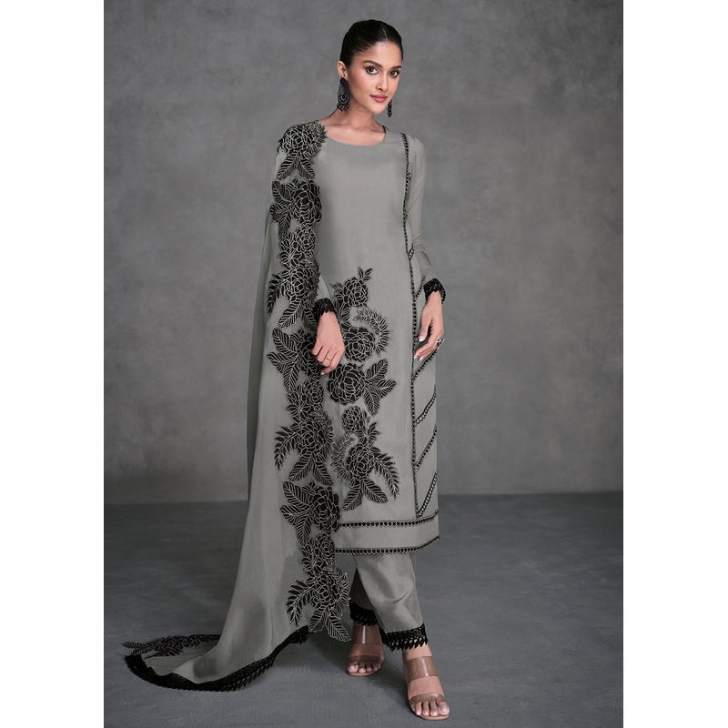 Pure Organza Grey Designer Pant Style Suit
