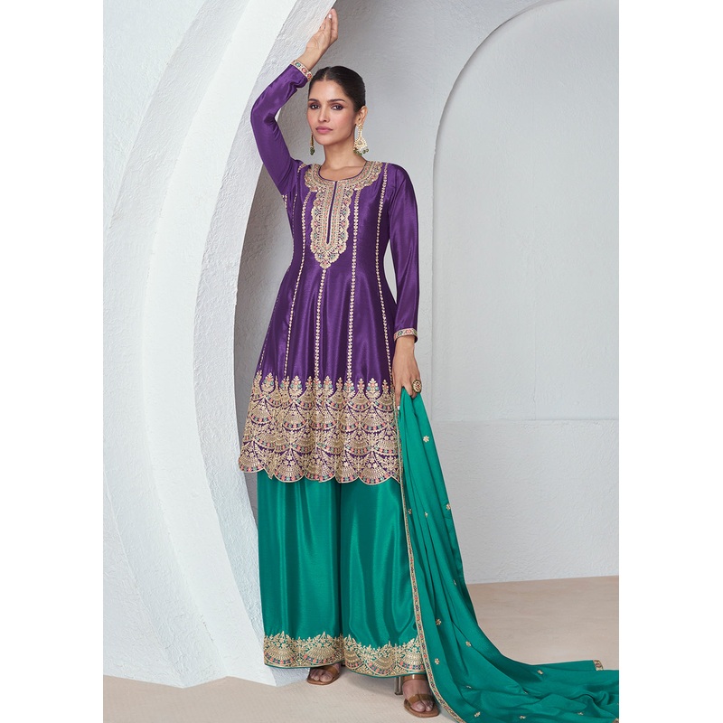 Purple & Green Premium Chinnon Silk Palazzo Suit