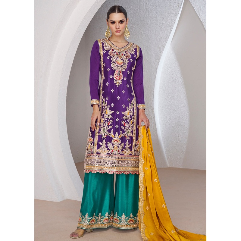 Purple & Teal Ceremonial Designer Palazzo Suit