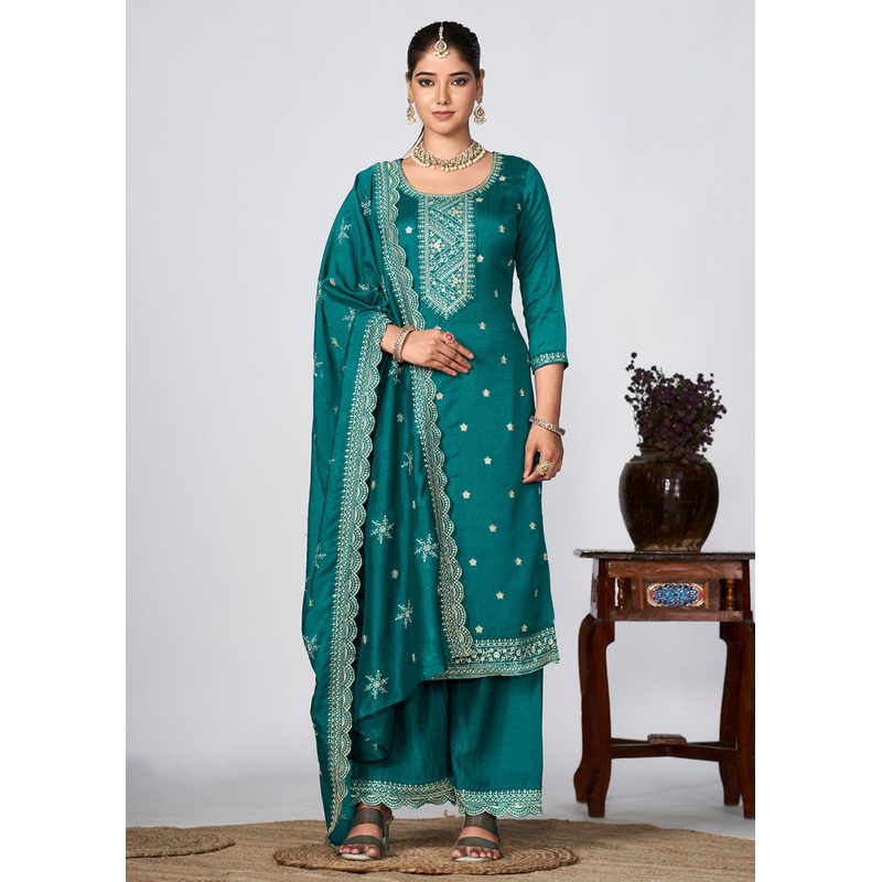 Rama Vichitra Silk Embroidered Wedding Festive Palazzo Suit