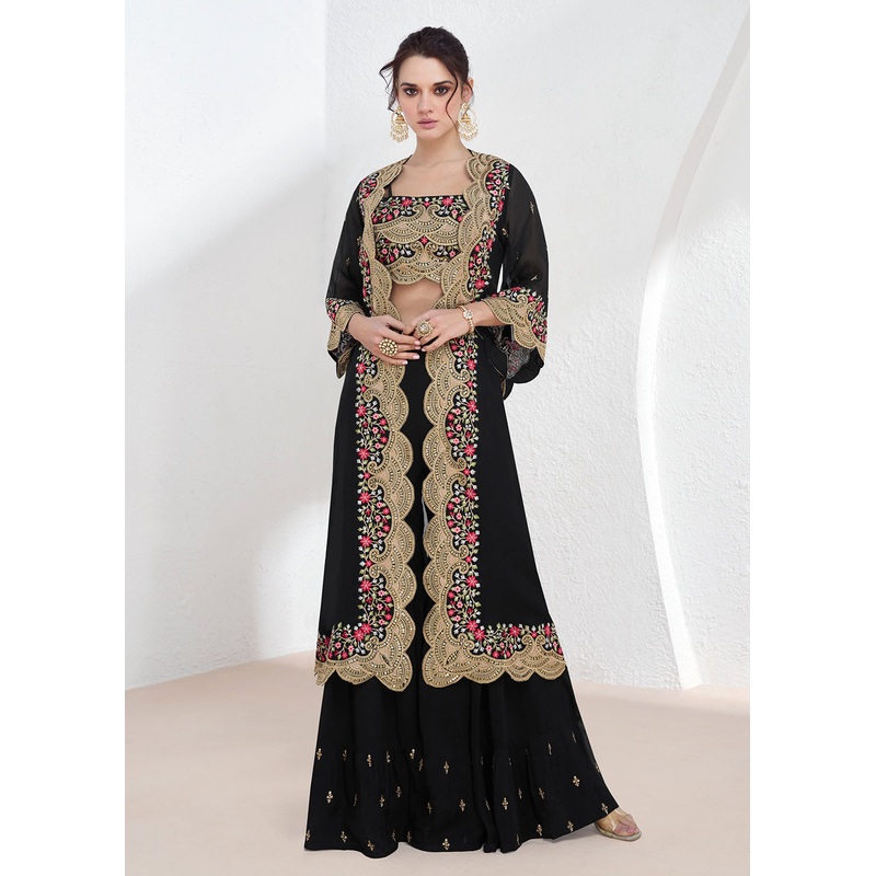 Real Georgette Black Embroidered Indo Western Lehenga Suit