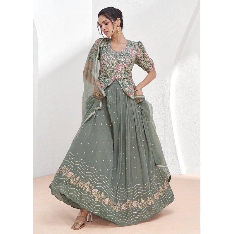 Real Georgette Green Embroidered Kurti Style Lehenga Suit