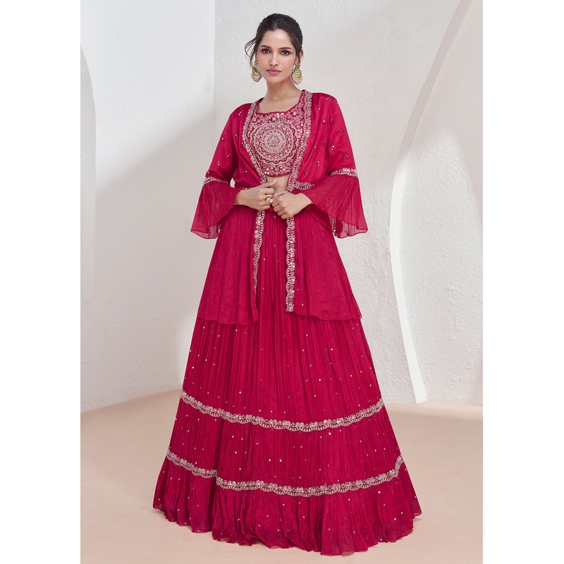 Real Georgette Pink Embroidered Indo Western Lehenga Suit