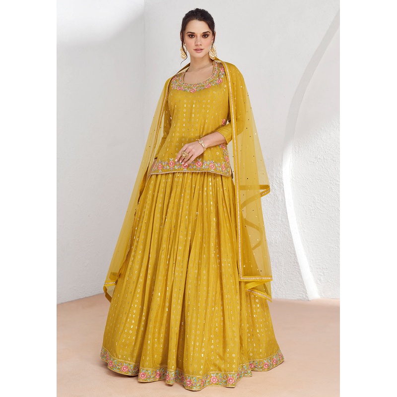 Real Georgette Yellow Embroidered Kurti Style Lehenga Suit