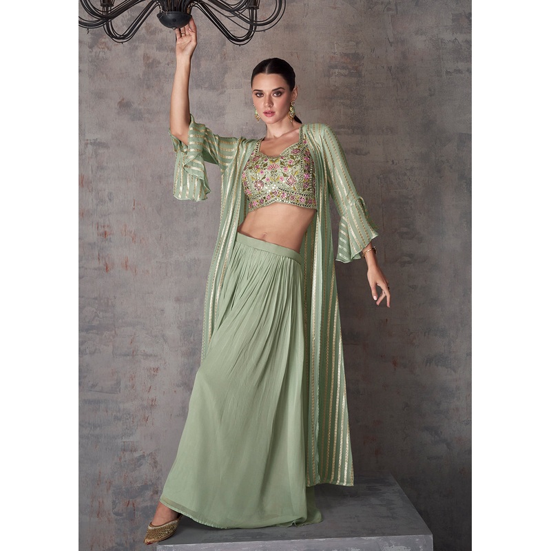Sage Green Indo Western Style Party Wear Palazzo Suit