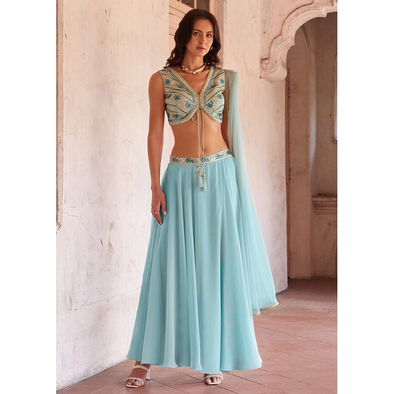 Sky Blue Designer Crop Top Style Lehenga Choli