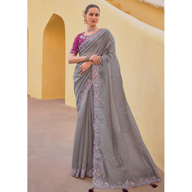 Smoke Grey Fancy Tissue Organza Silk Designer Saree