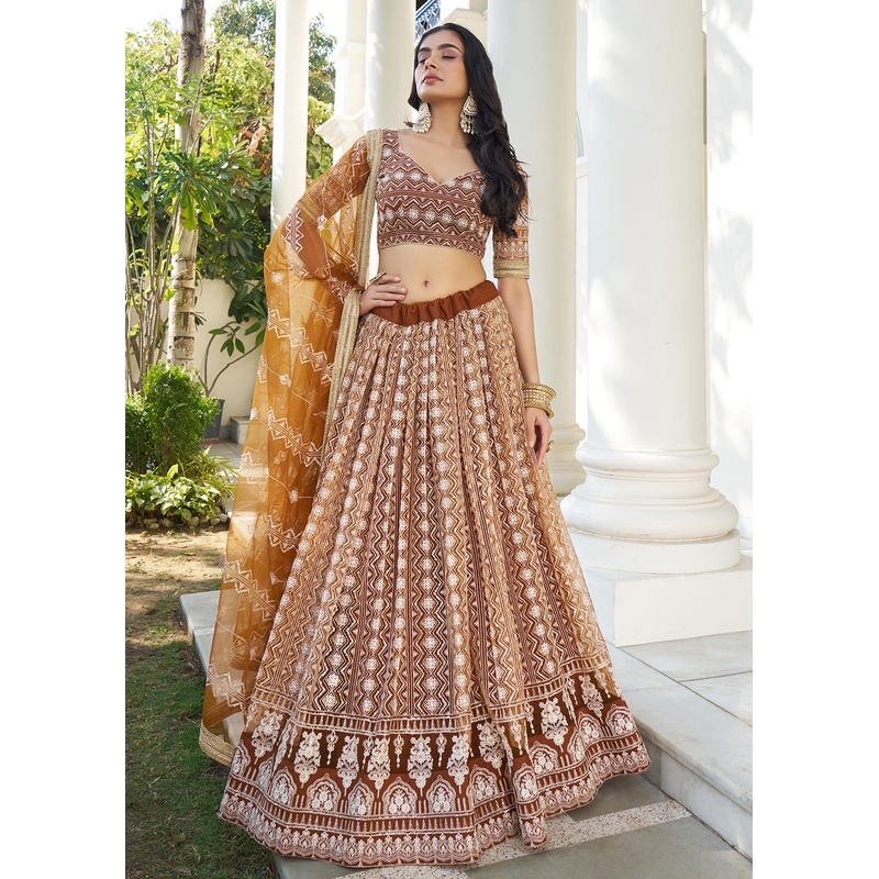 Snuff Brown Net Embroidered Wedding Lehenga Choli