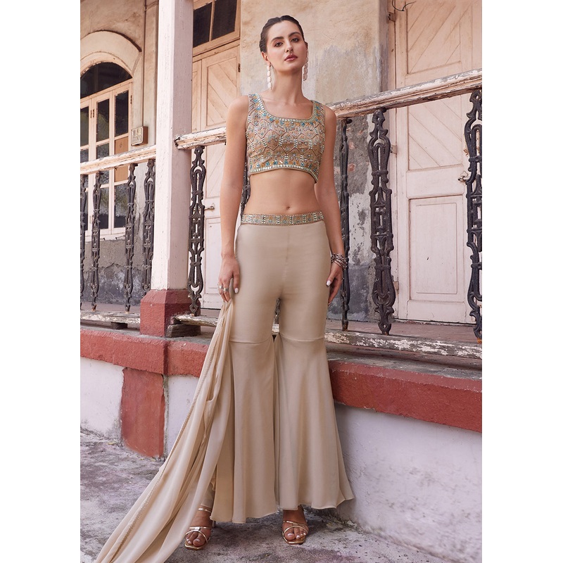 Stunning Beige Designer Crop Top Style Sharara Suit