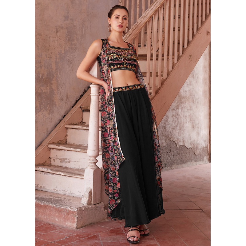 Stunning Black Designer Crop Top Style Sharara Suit