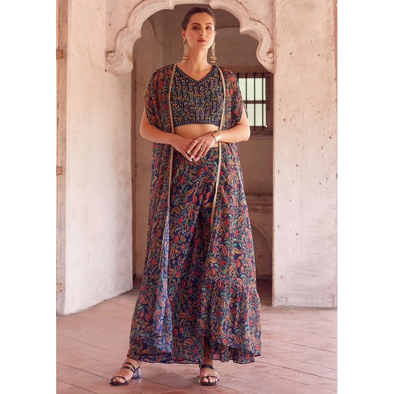 Stunning Blue Designer Crop Top Style Sharara Suit