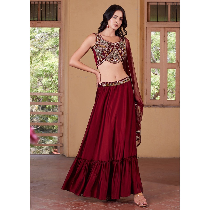 Stunning Maroon Designer Crop Top Style Lehenga Choli