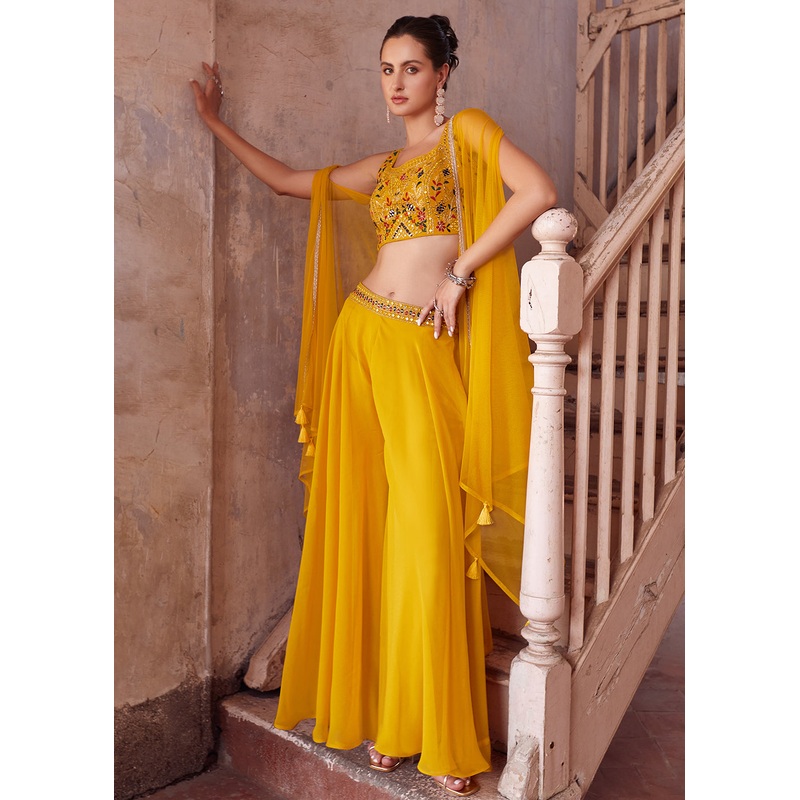 Stunning Yellow Designer Crop Top Style Sharara Suit