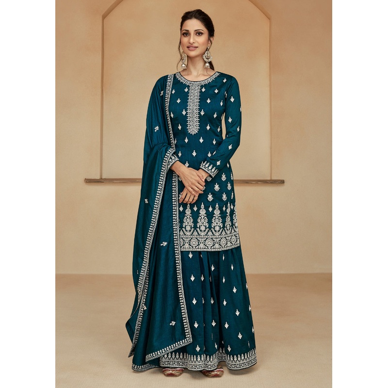 Teal Blue Zari & Sequins Work Palazzo Salwar Suit