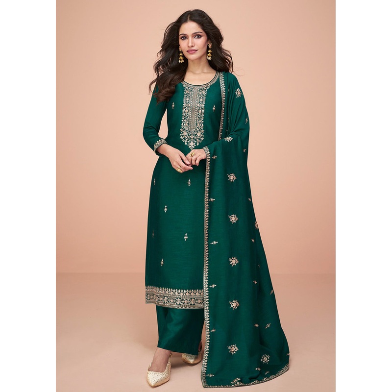 Tempting Green Silk Embroidered Palazzo Salwar Suit