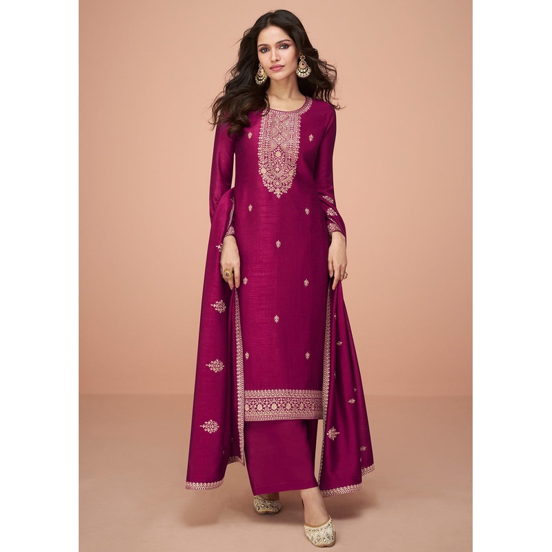 Tempting Magenta Silk Embroidered Palazzo Salwar Suit