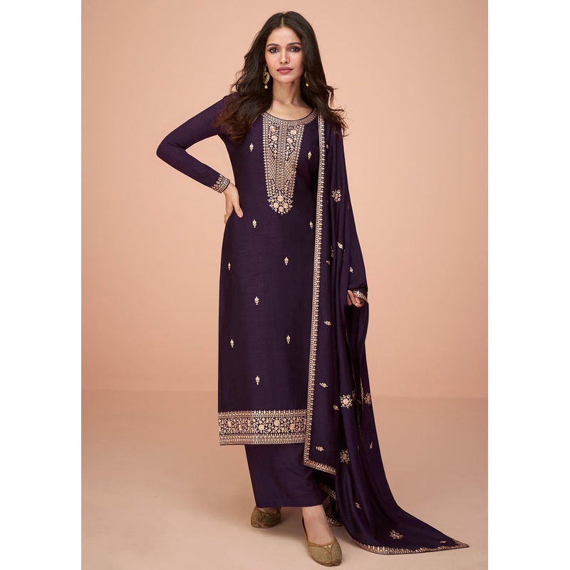 Tempting Purple Silk Embroidered Palazzo Salwar Suit