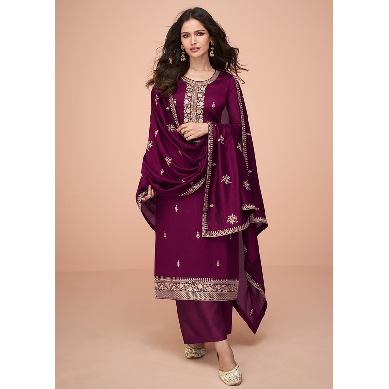 Tempting Wine Silk Embroidered Palazzo Salwar Suit