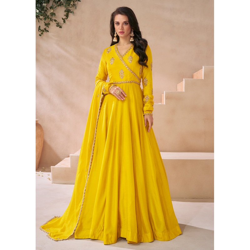 Trendy Mustard Yellow Silk Embroidered Anarkali Gown