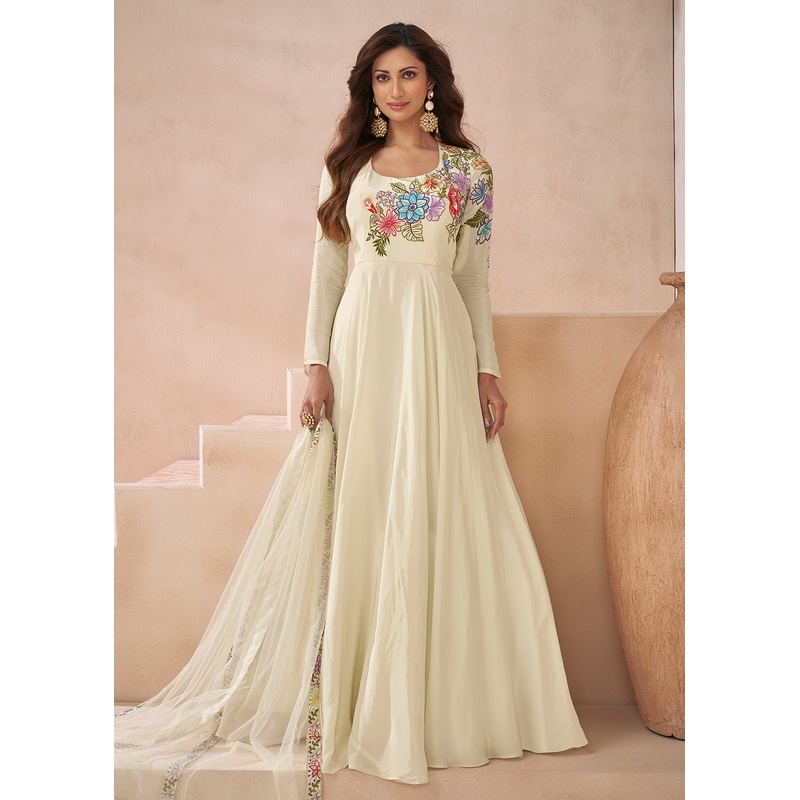 Trendy Off White Silk Embroidered Anarkali Gown