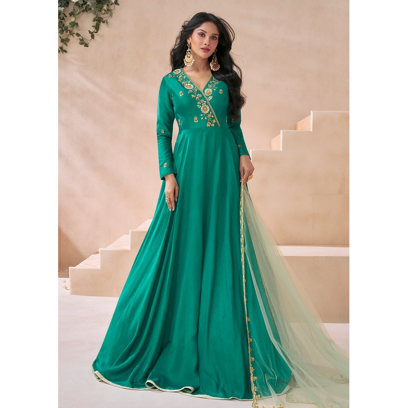 Trendy Rama Green Silk Embroidered Anarkali Gown