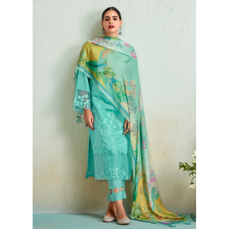 Turquoise Blue Pure Muslin Resham Embroidered Salwar Suit