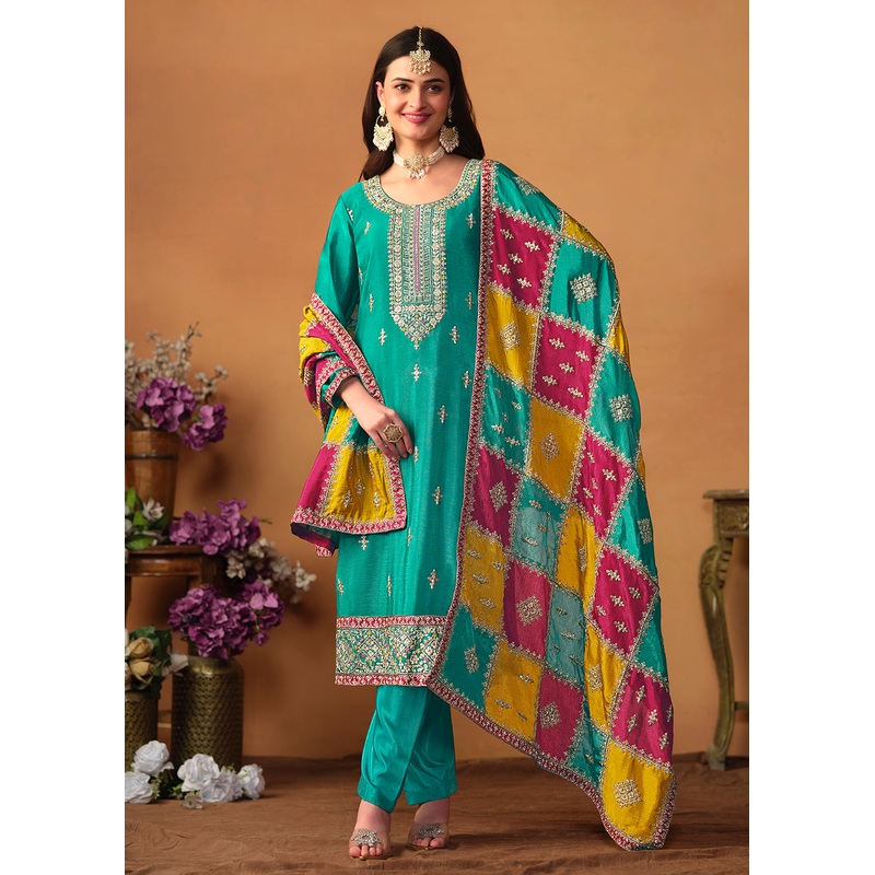 Turquoise Chinnon Silk Salwar Suit with Multicolor Dupatta