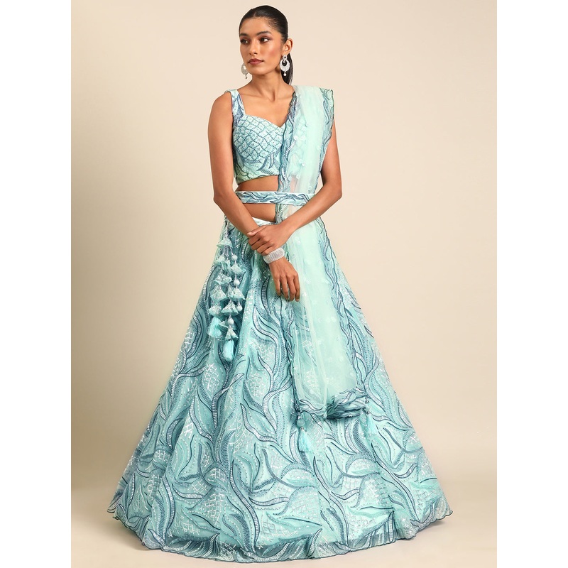 Turquoise Sequins & Zarkan Embroidered Reception Lehenga Choli