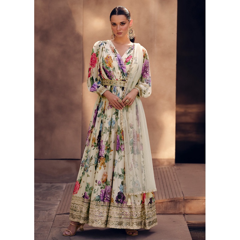 White Floral Digital Printed Designer Anarkali Gown