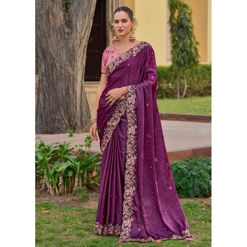Wine Fancy Tissue Organza Silk Designer Saree