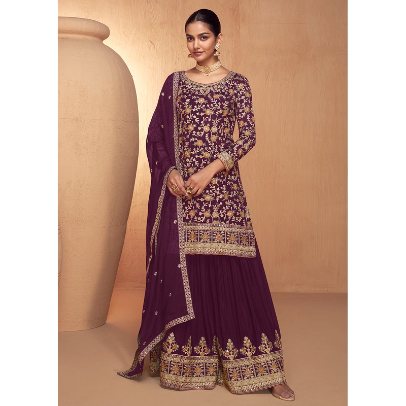 Wine Real Chinnon Embroidered Wedding Festive Palazzo Suit