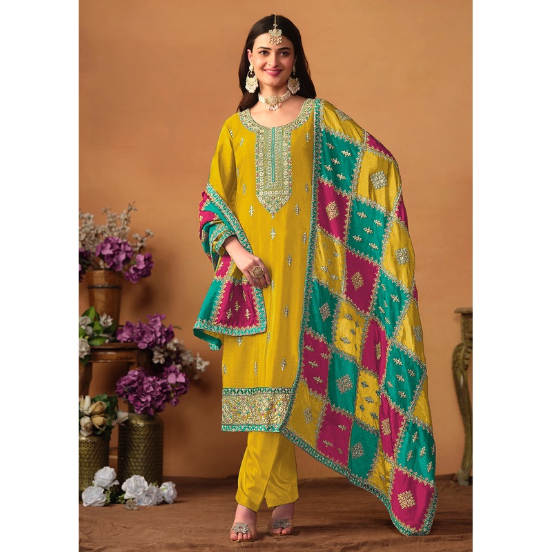 Yellow Chinnon Silk Salwar Suit with Multicolor Dupatta