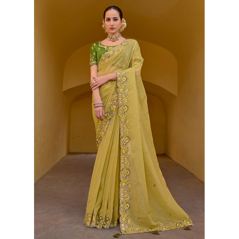 Yellow Fancy Tissue Organza Silk Designer Saree