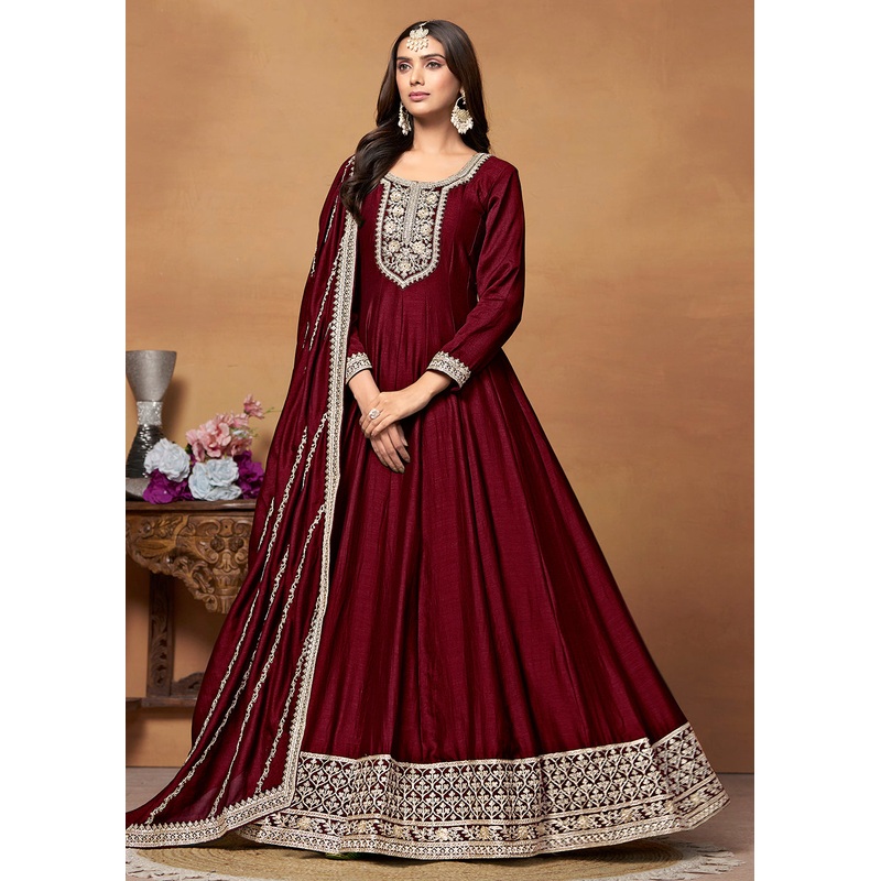 Amazing Art Silk Maroon Embroidered Festive Anarkali Suit