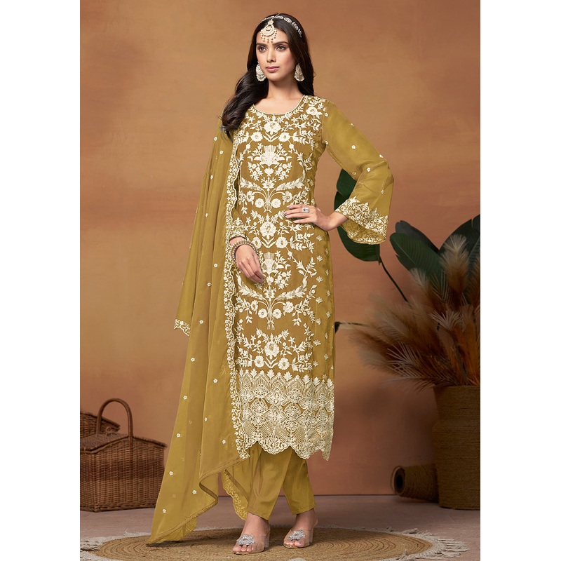 Amazing Mustard Organza Embroidered Designer Salwar Suit
