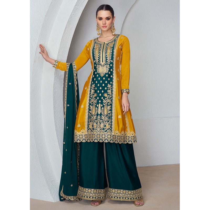 Amazing Mustard & Teal Chinnon Silk Wedding Festive Palazzo Suit
